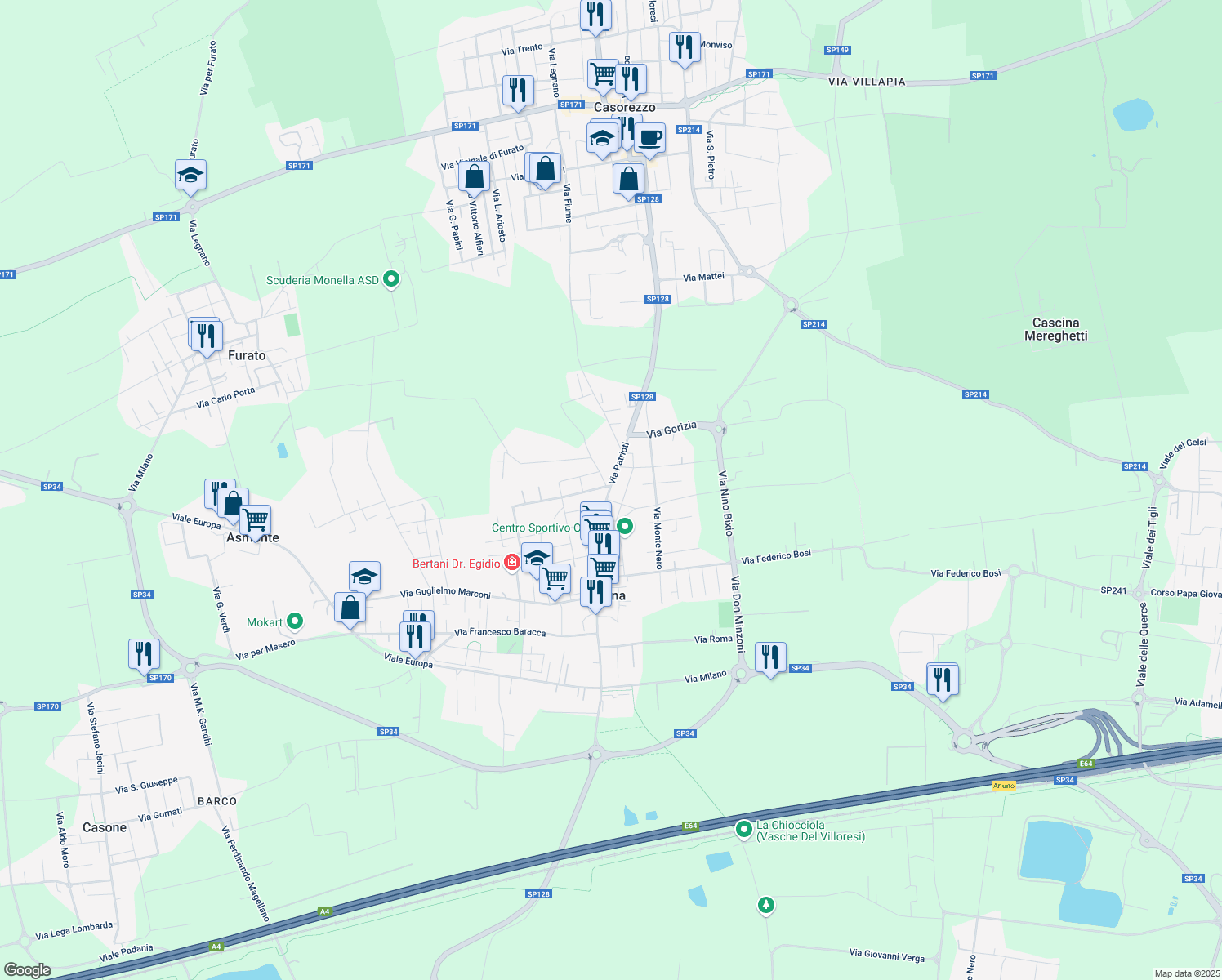 map of restaurants, bars, coffee shops, grocery stores, and more near Via Monte Gallio in Ossona