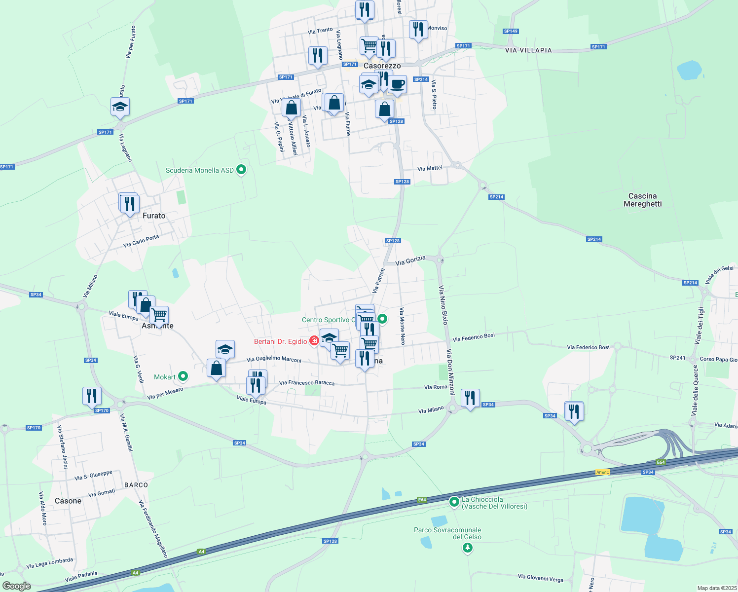 map of restaurants, bars, coffee shops, grocery stores, and more near Via Monte Gallio in Ossona
