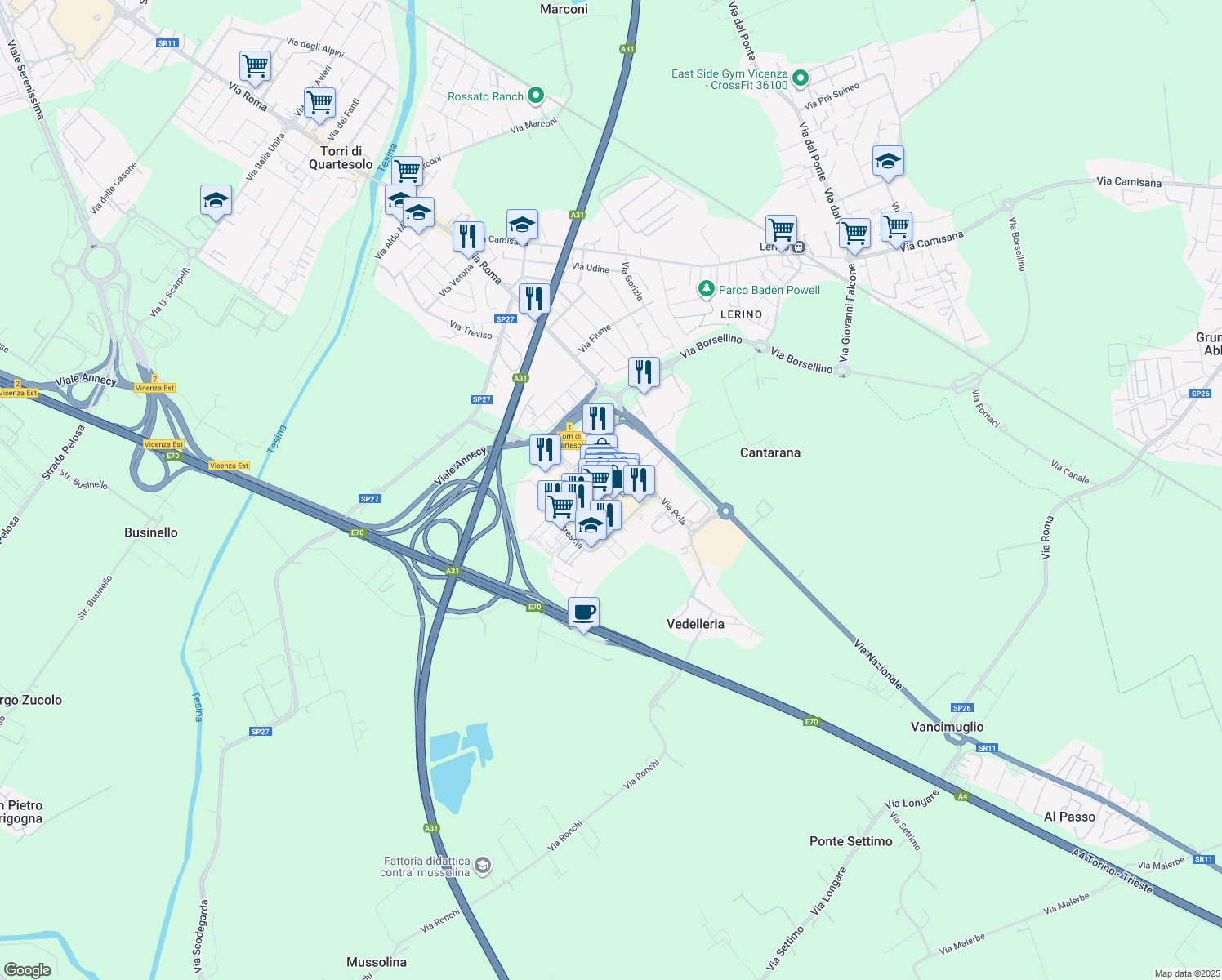map of restaurants, bars, coffee shops, grocery stores, and more near 20 Via Pola in Torri di Quartesolo