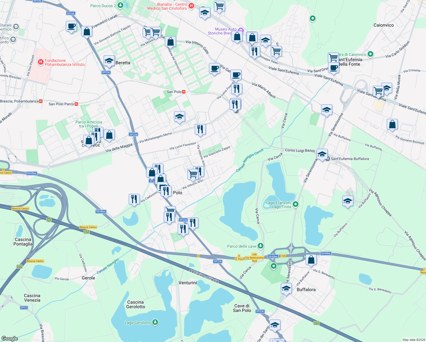 map of restaurants, bars, coffee shops, grocery stores, and more near 17 Via Giovanni Battista Bossini in Brescia