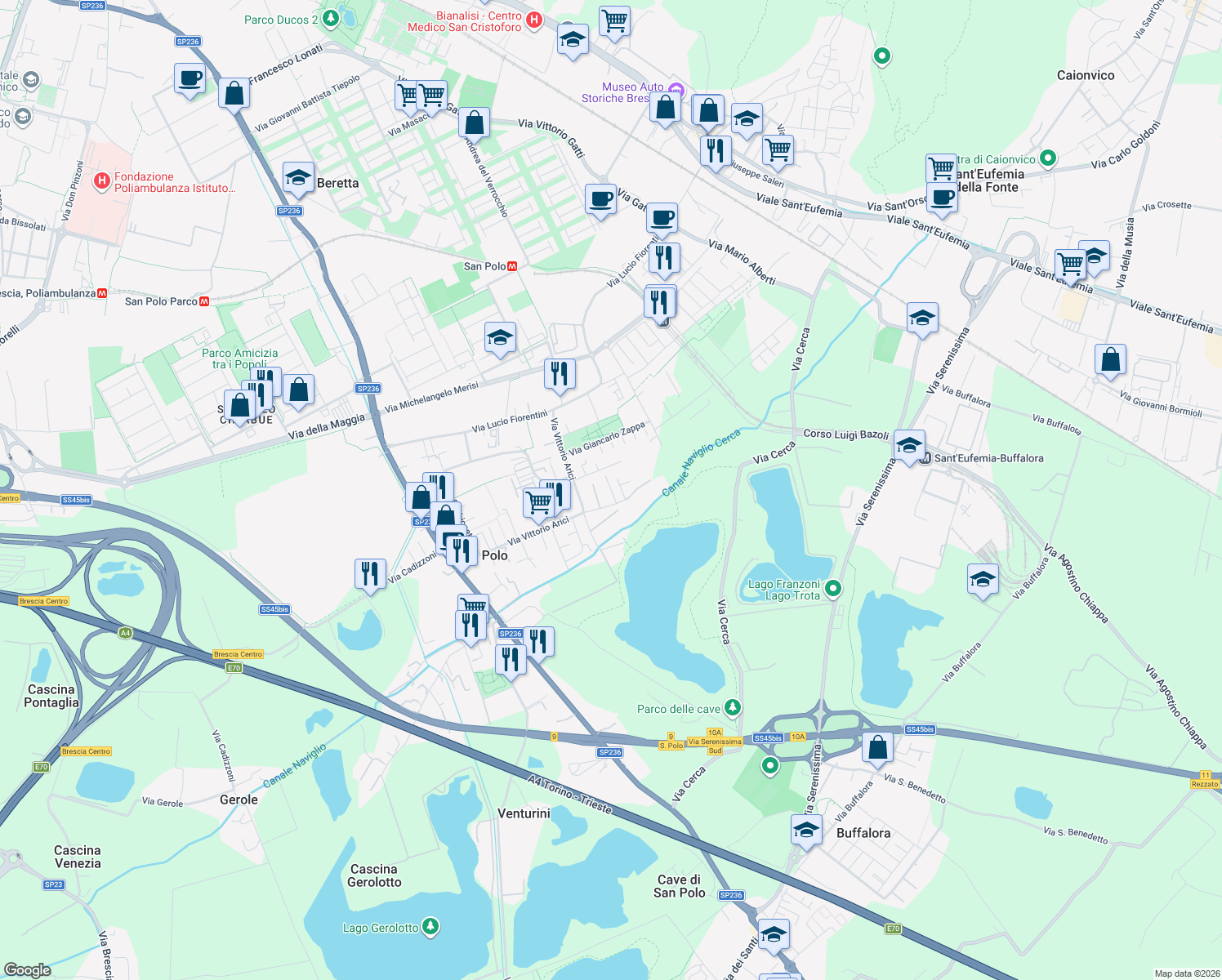map of restaurants, bars, coffee shops, grocery stores, and more near 17 Via Giovanni Battista Bossini in Brescia