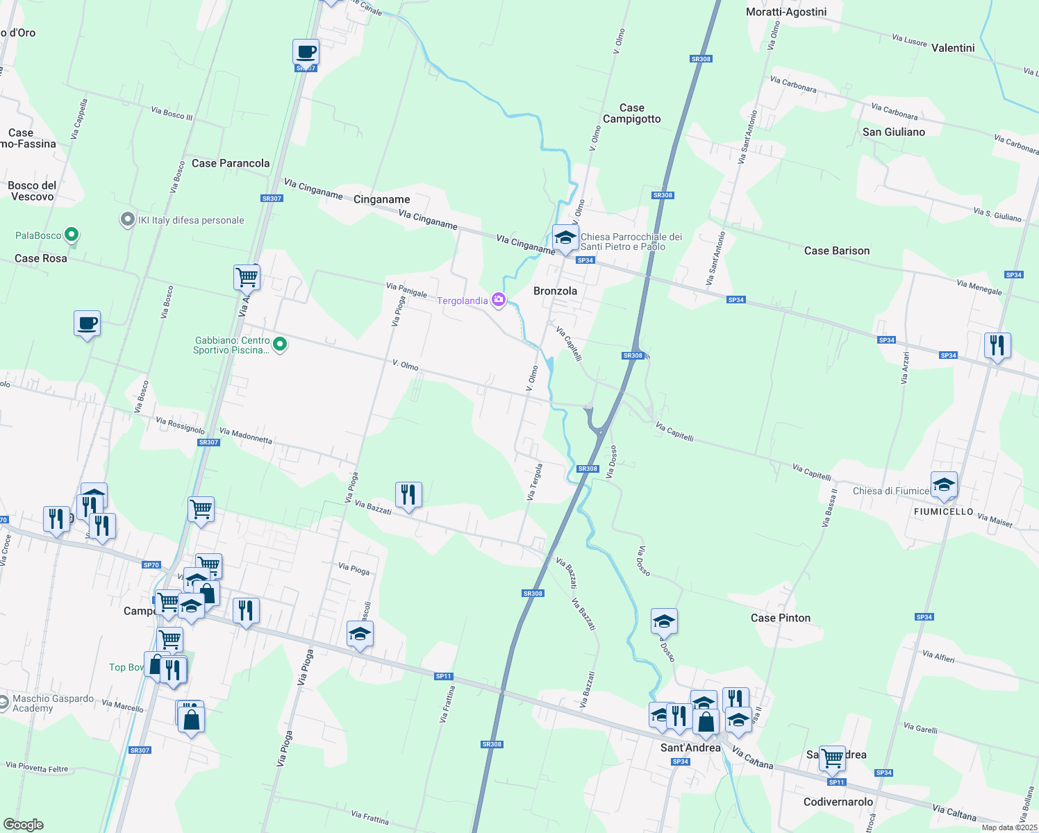 map of restaurants, bars, coffee shops, grocery stores, and more near 14 Via Tergola in Campodarsego