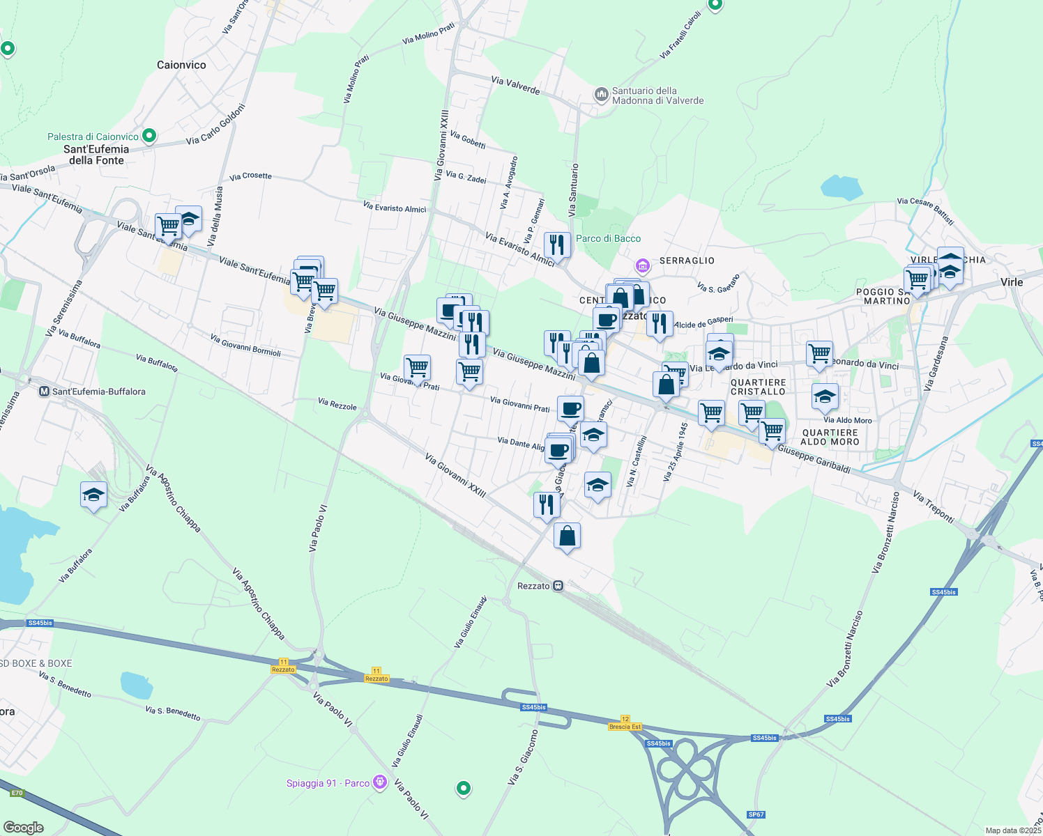 map of restaurants, bars, coffee shops, grocery stores, and more near 14 Via I Maggio in Rezzato