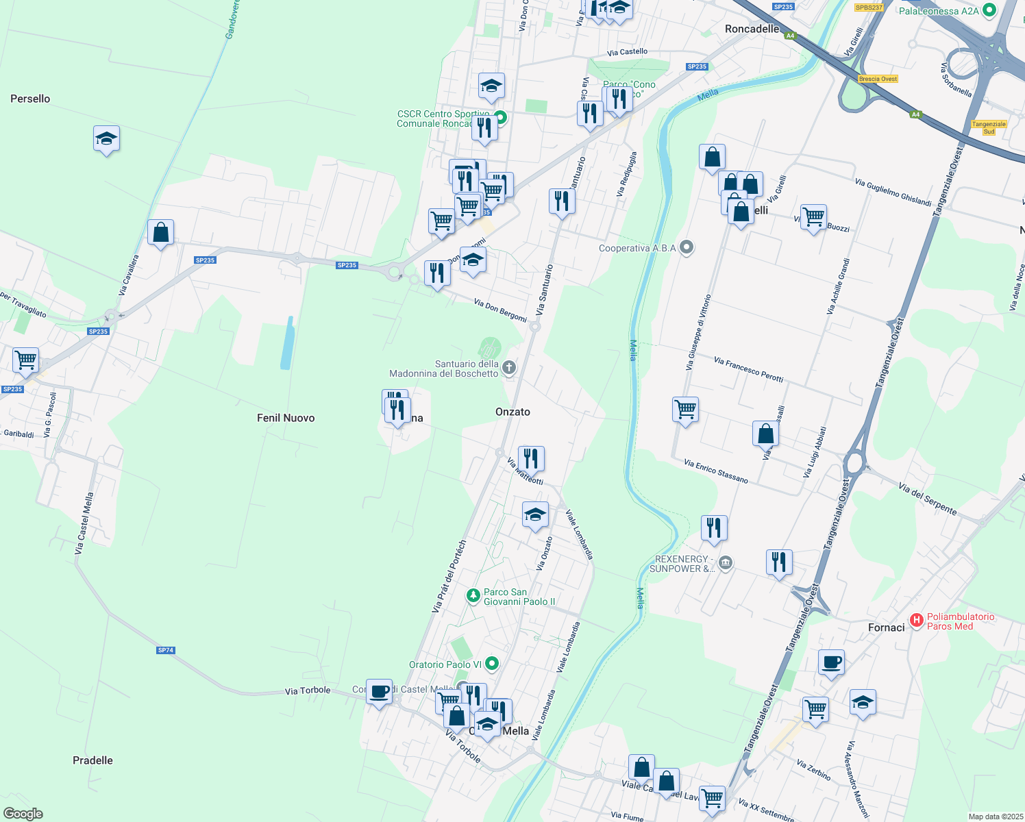 map of restaurants, bars, coffee shops, grocery stores, and more near 15 Via Gramsci in Castel Mella