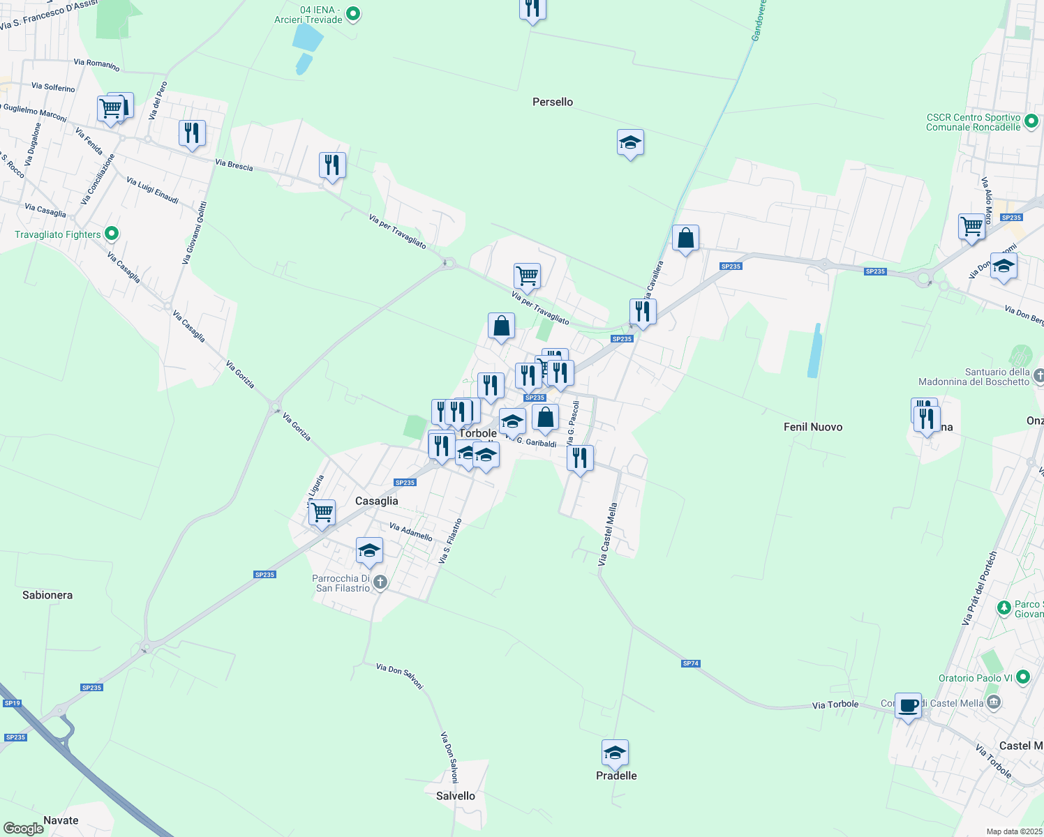 map of restaurants, bars, coffee shops, grocery stores, and more near 97 Via G. Mazzini in Torbole Casaglia