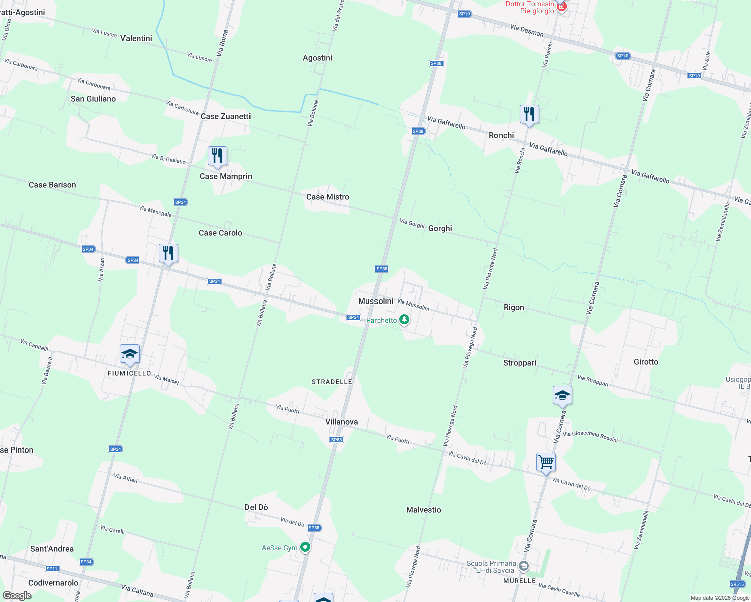 map of restaurants, bars, coffee shops, grocery stores, and more near in Mussolini