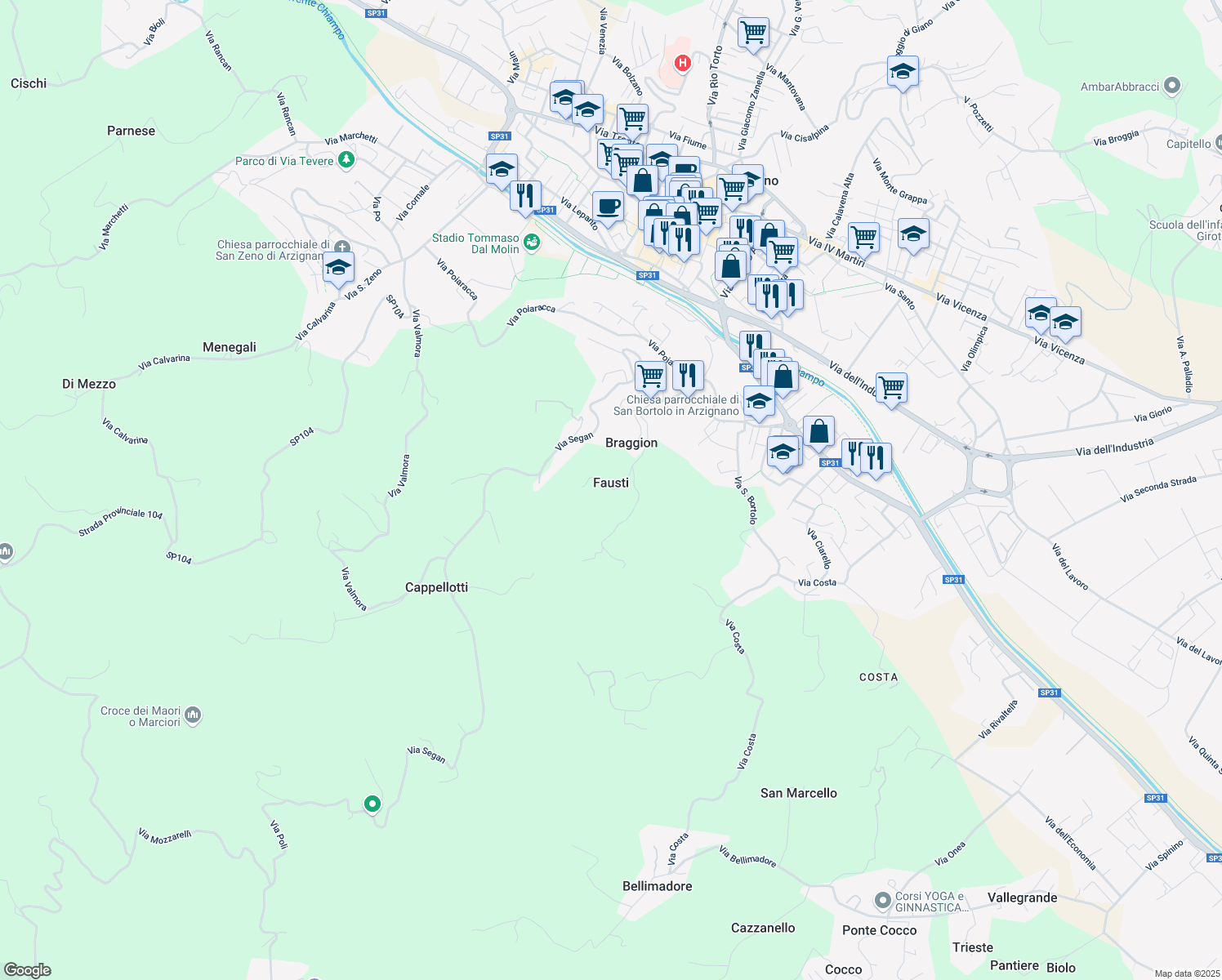 map of restaurants, bars, coffee shops, grocery stores, and more near 30 Via Prianti in Fausti