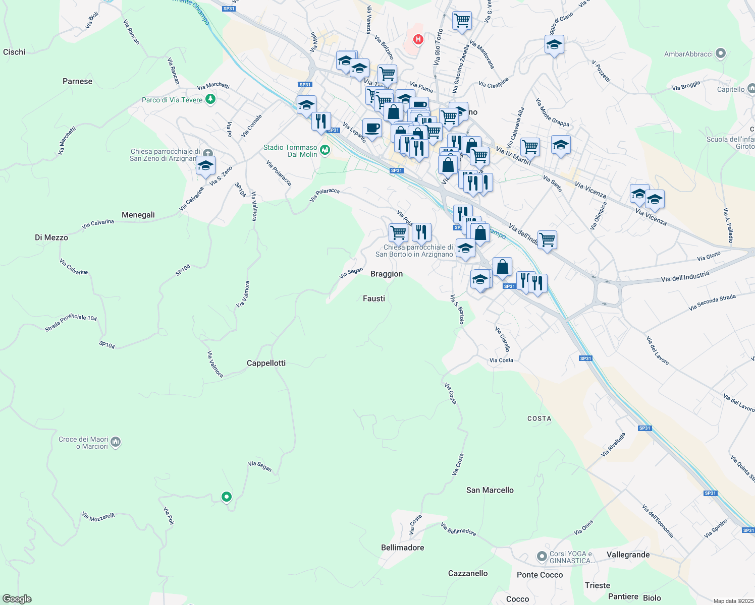 map of restaurants, bars, coffee shops, grocery stores, and more near 30 Via Prianti in Fausti