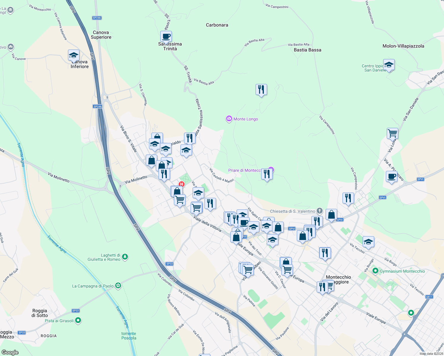 map of restaurants, bars, coffee shops, grocery stores, and more near 95/1 Via Castelli 4 Martiri in Montecchio Maggiore