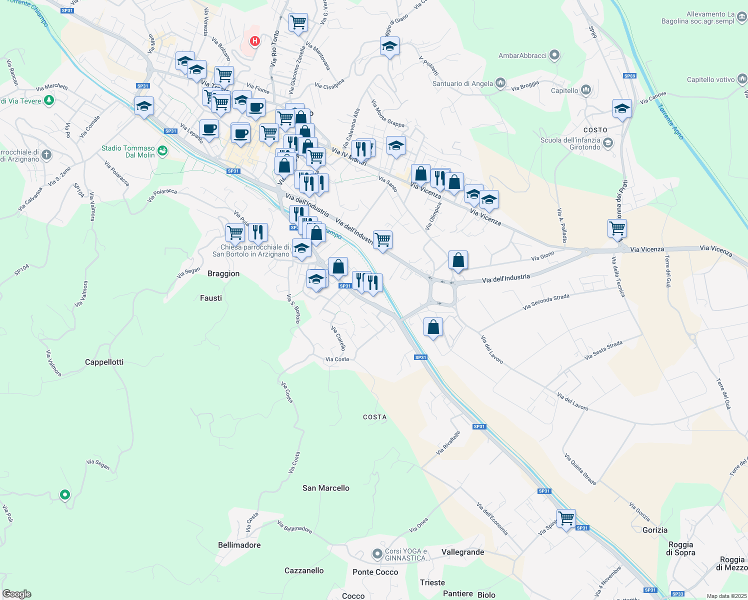 map of restaurants, bars, coffee shops, grocery stores, and more near 36 Via Montorso in Arzignano