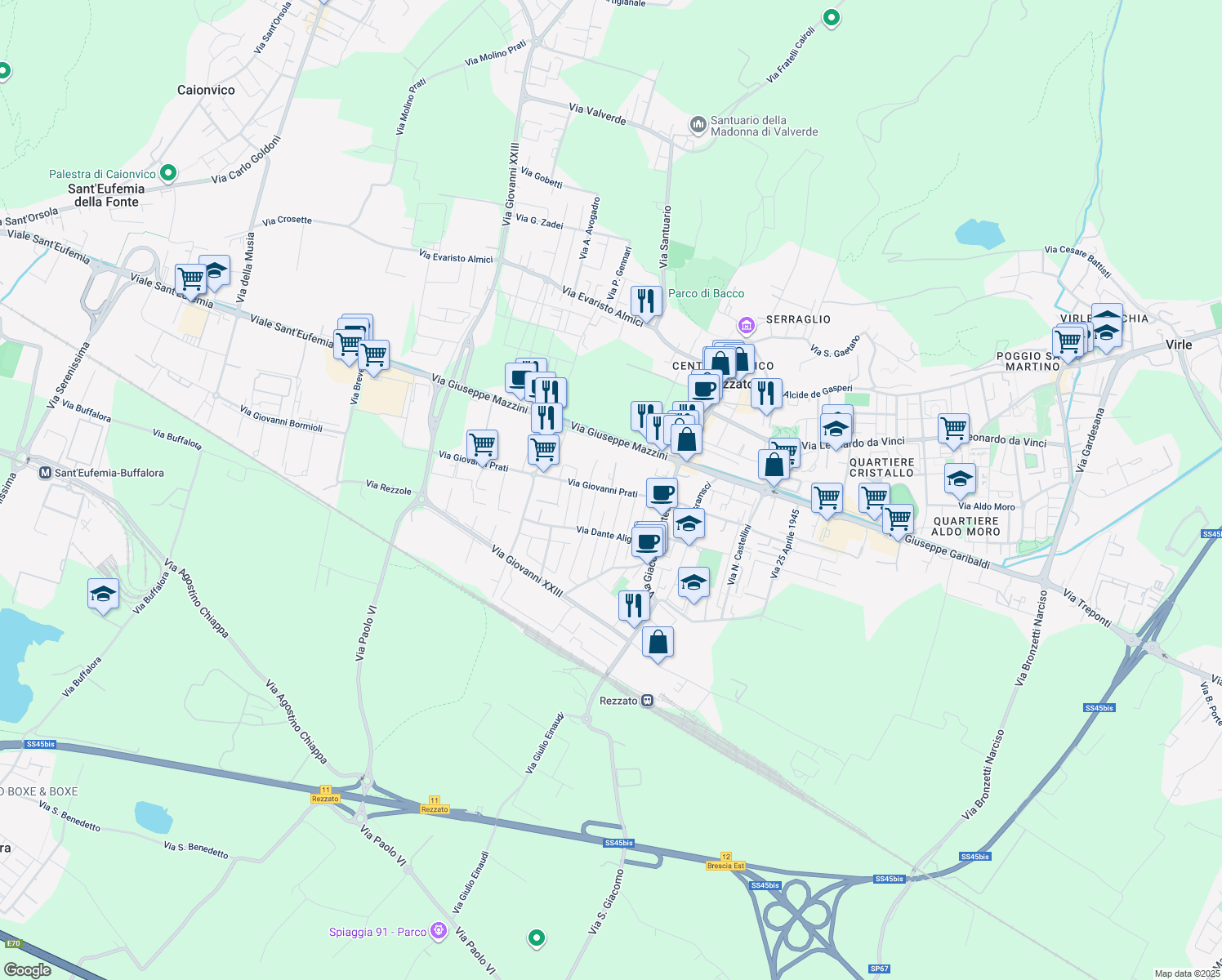 map of restaurants, bars, coffee shops, grocery stores, and more near 14 Via I Maggio in Rezzato