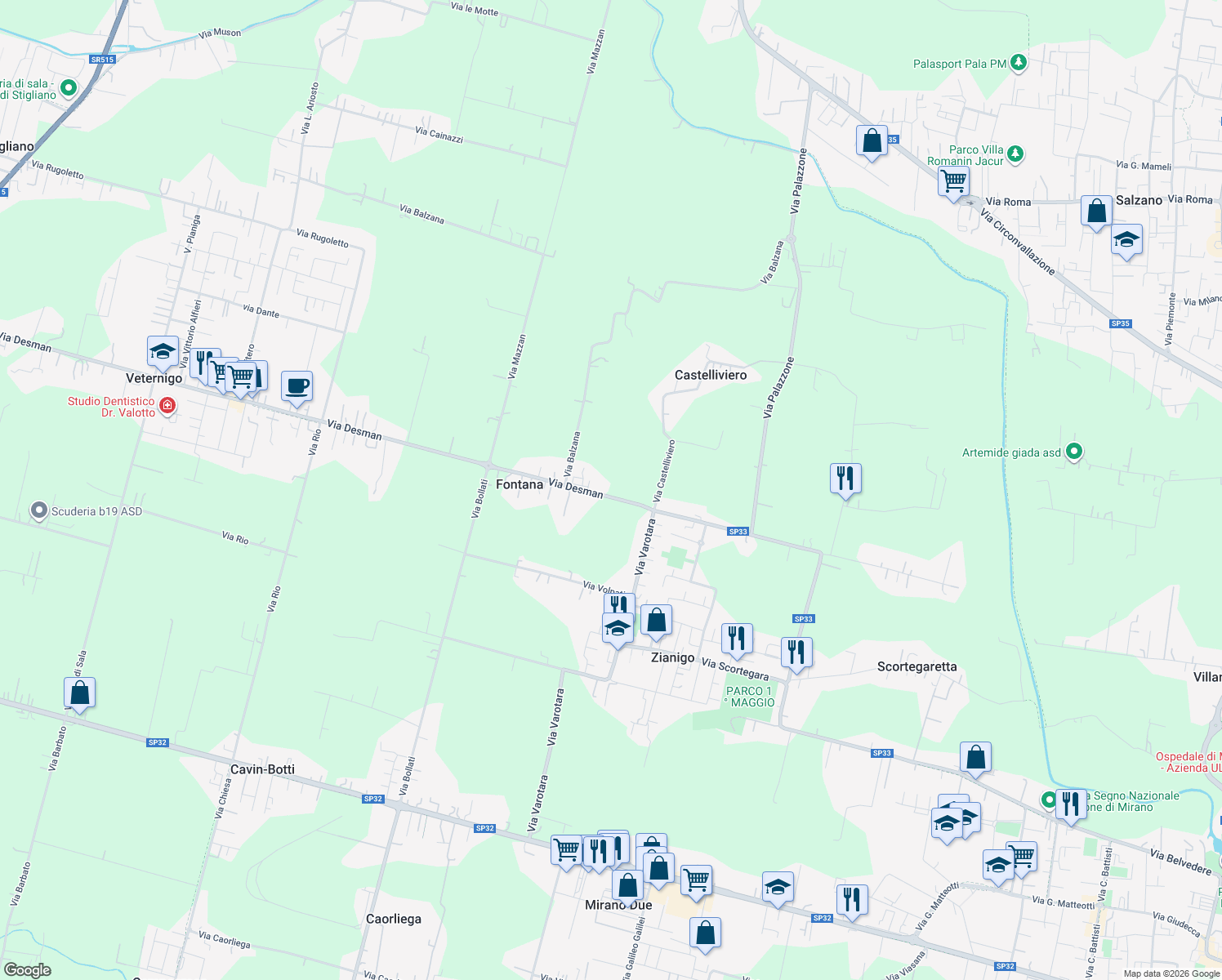 map of restaurants, bars, coffee shops, grocery stores, and more near 55 Via Desman in Mirano