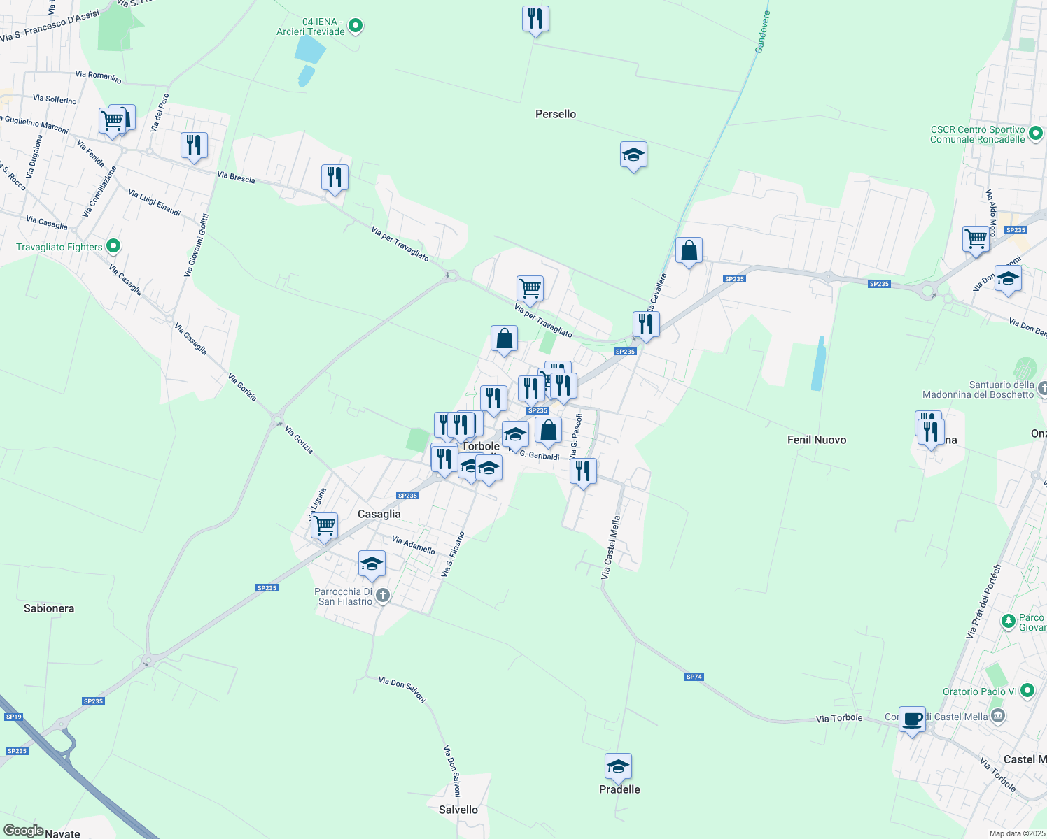 map of restaurants, bars, coffee shops, grocery stores, and more near 97 Via G. Mazzini in Torbole Casaglia