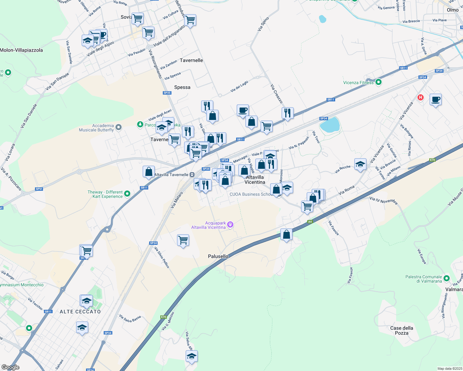 map of restaurants, bars, coffee shops, grocery stores, and more near 7 Via Thomas Alva Edison in Altavilla Vicentina