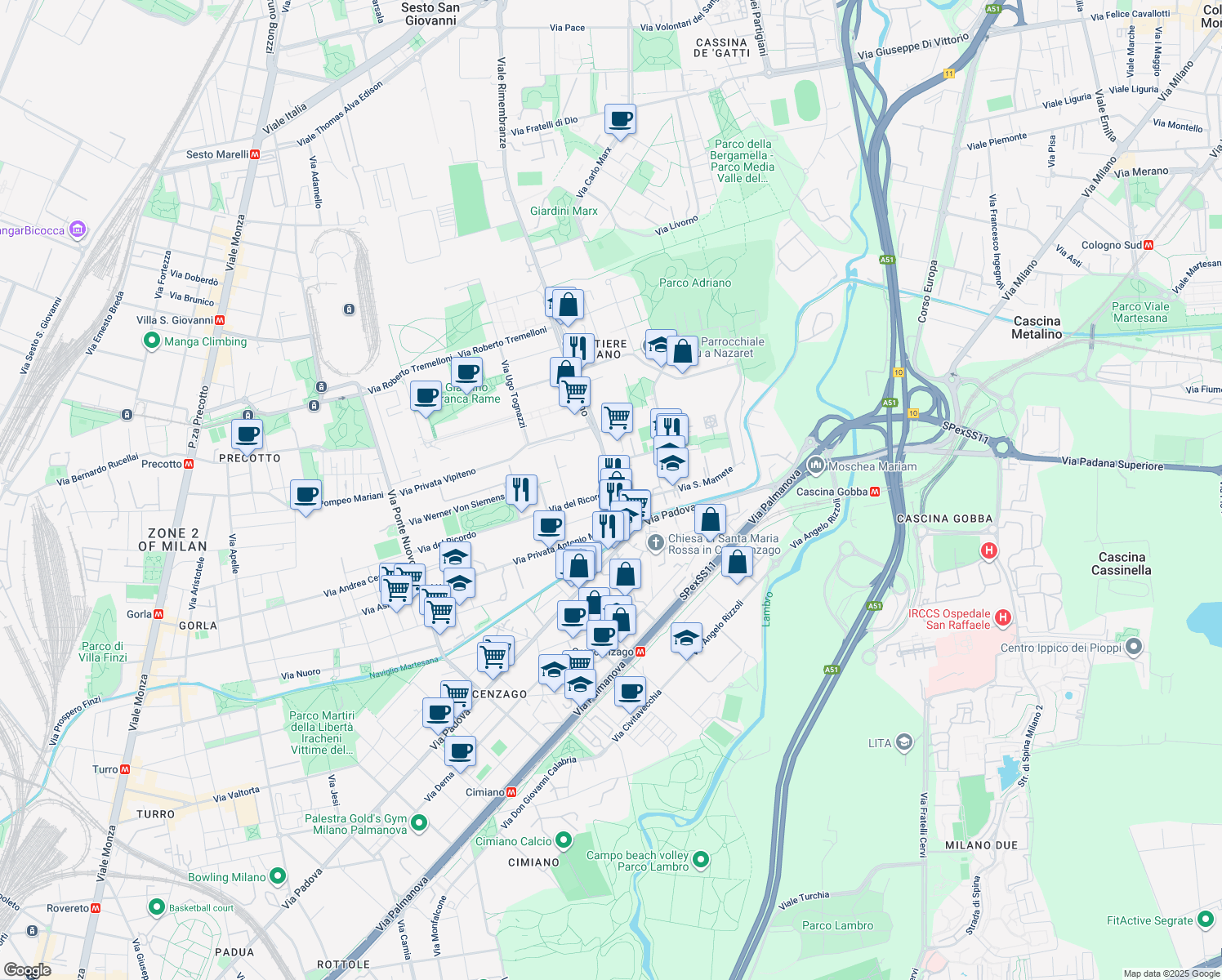 map of restaurants, bars, coffee shops, grocery stores, and more near 20 Via Adriano Publio Elio in Milan