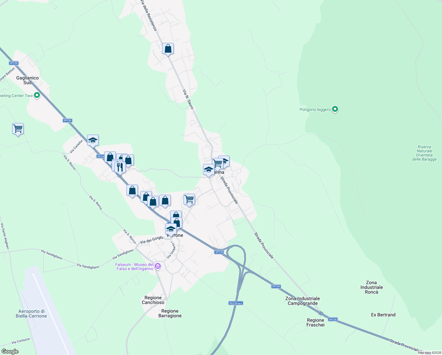 map of restaurants, bars, coffee shops, grocery stores, and more near 16 Strada Provinciale in Benna