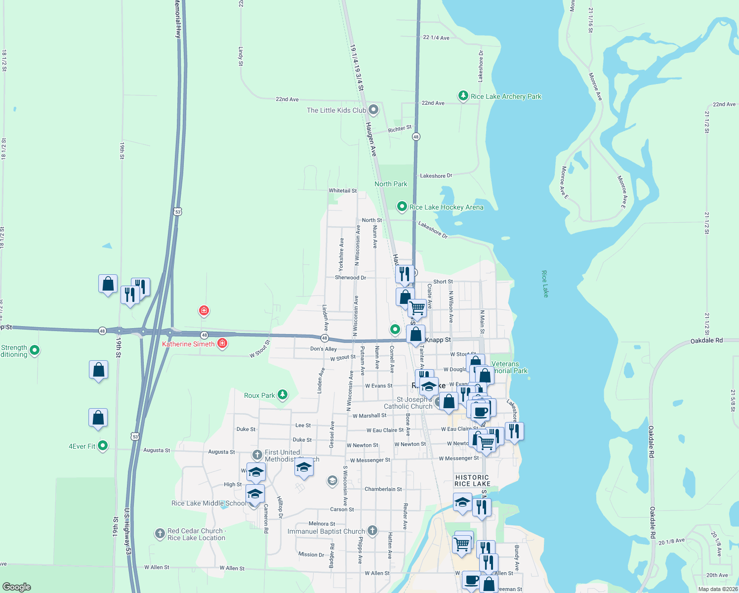 map of restaurants, bars, coffee shops, grocery stores, and more near 920 Nunn Ave in Rice Lake