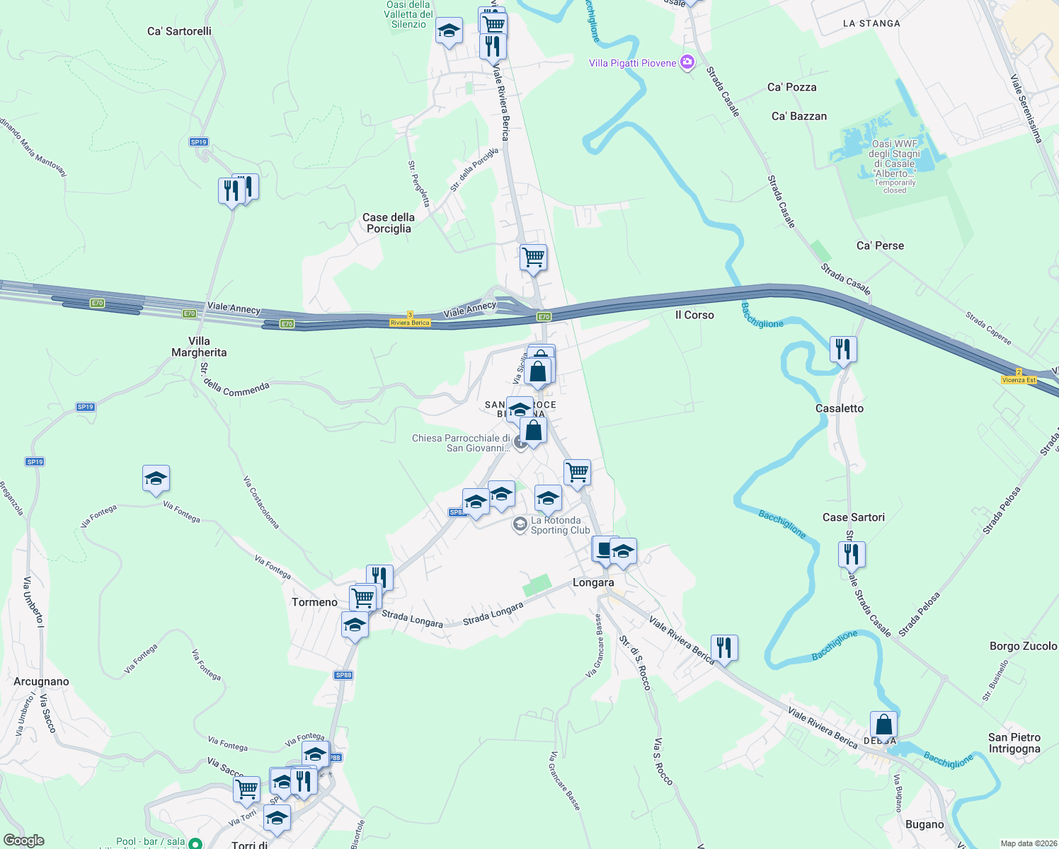 map of restaurants, bars, coffee shops, grocery stores, and more near 13 Strada del Tormeno in Vicenza