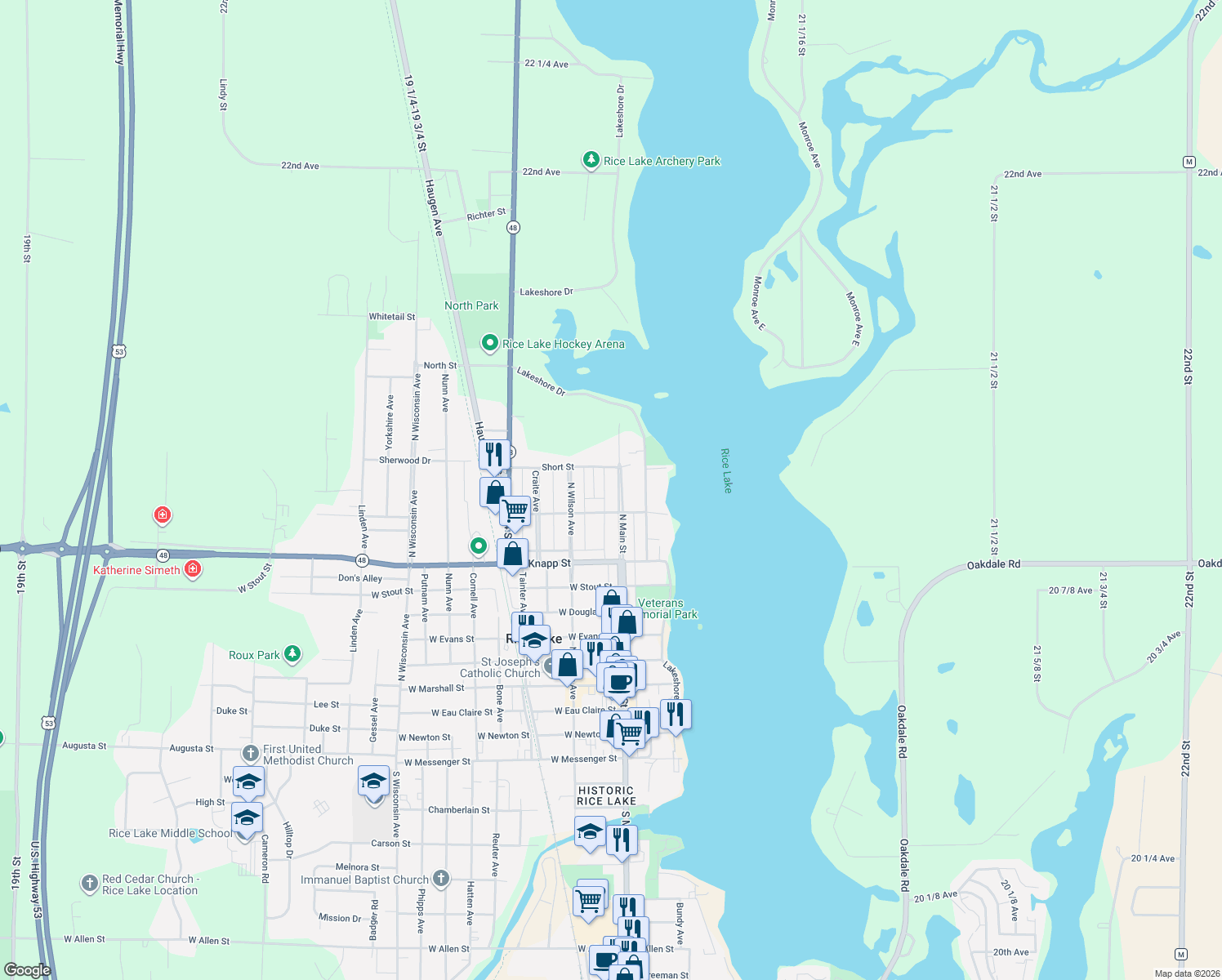 map of restaurants, bars, coffee shops, grocery stores, and more near 920 N Main St in Rice Lake