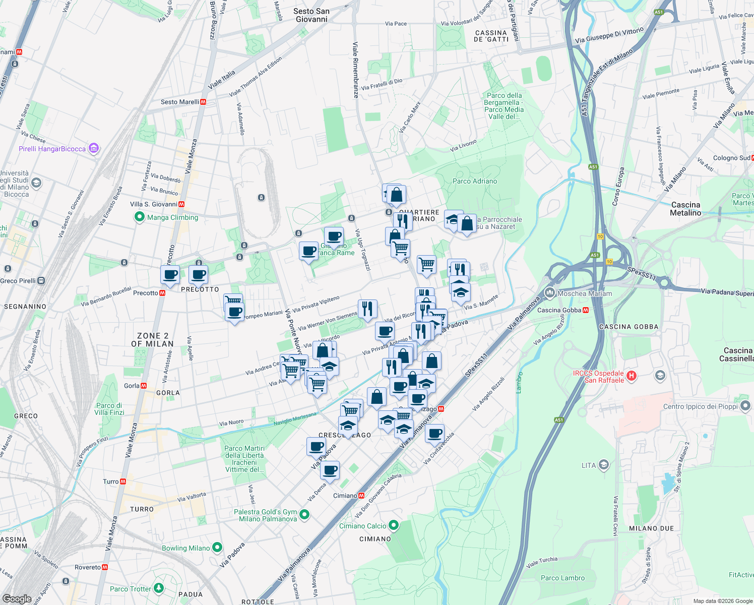 map of restaurants, bars, coffee shops, grocery stores, and more near 51 Via Giuseppe de Notaris in Milano