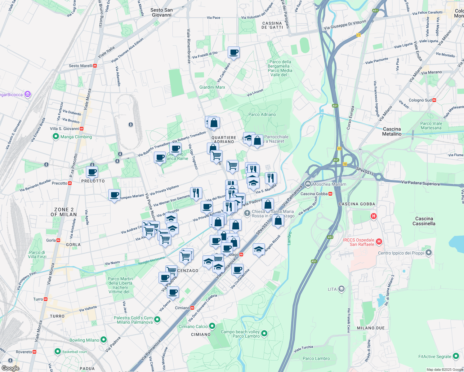 map of restaurants, bars, coffee shops, grocery stores, and more near 20 Via Adriano in Milano