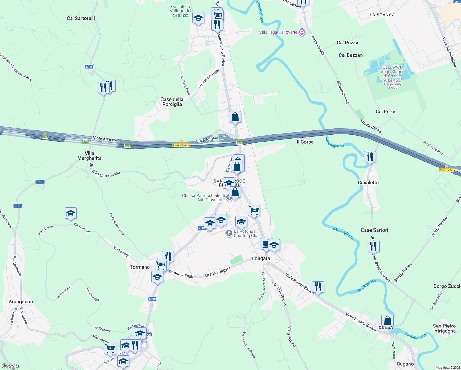 map of restaurants, bars, coffee shops, grocery stores, and more near 13 Strada del Tormeno in Vicenza