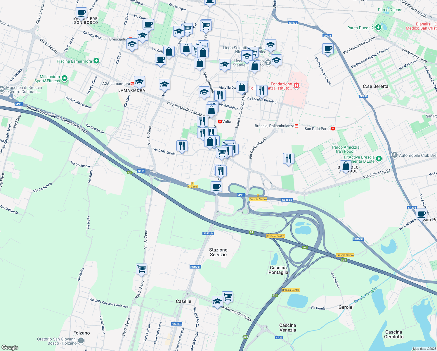 map of restaurants, bars, coffee shops, grocery stores, and more near 84D Via della Volta in Brescia