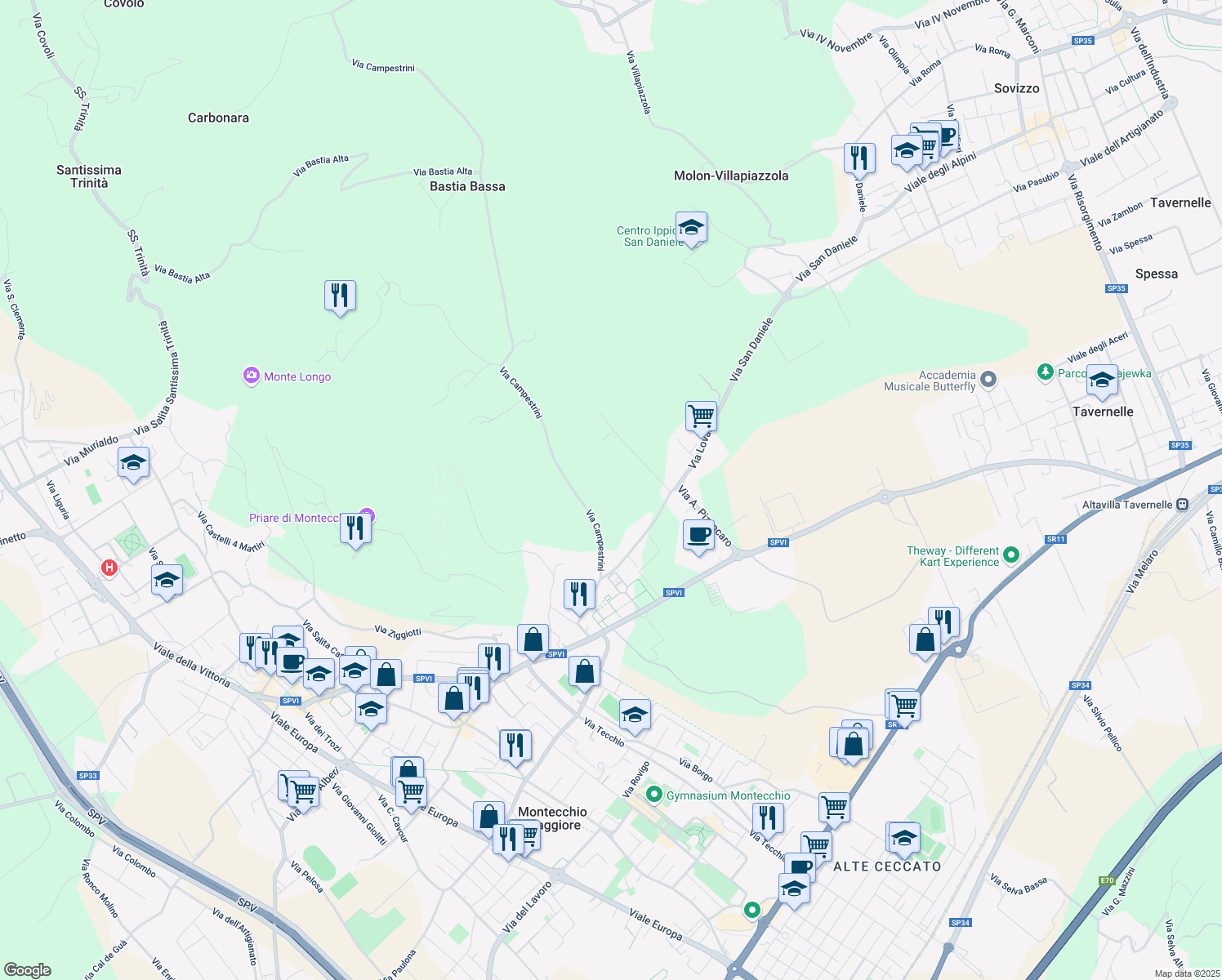 map of restaurants, bars, coffee shops, grocery stores, and more near 7 Via Scapinosa in Provincia di Vicenza