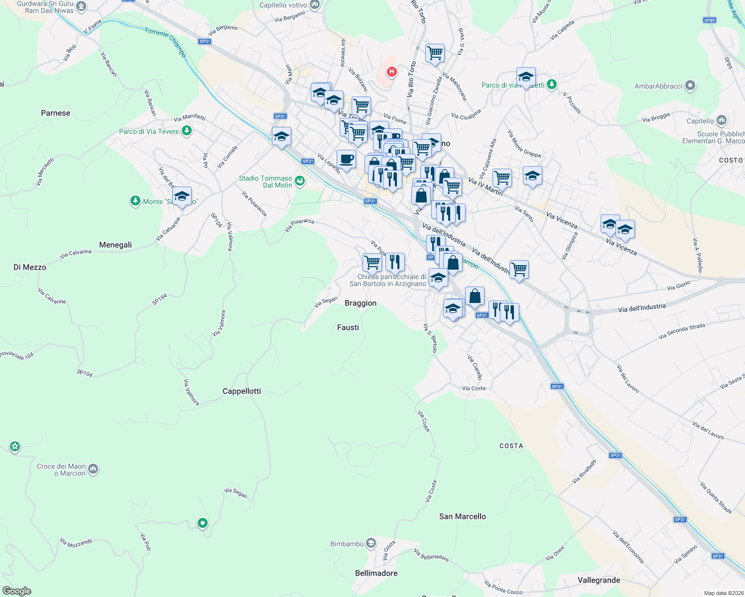 map of restaurants, bars, coffee shops, grocery stores, and more near 2 Via Prianti in Provincia di Vicenza