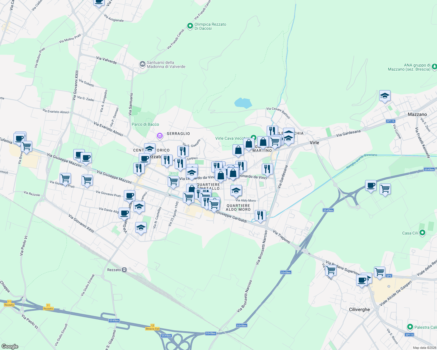 map of restaurants, bars, coffee shops, grocery stores, and more near 8 Via Fratelli Kennedy in Rezzato