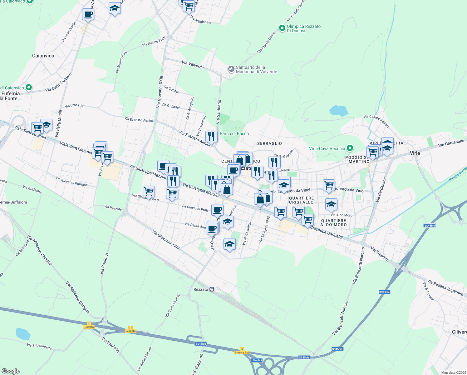 map of restaurants, bars, coffee shops, grocery stores, and more near 108 Via IV Novembre in Mazzano