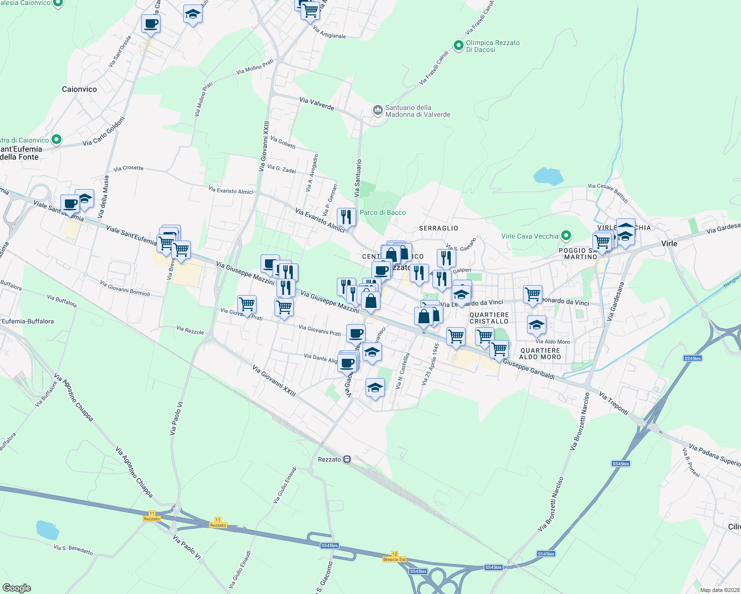 map of restaurants, bars, coffee shops, grocery stores, and more near 108 Via IV Novembre in Rezzato