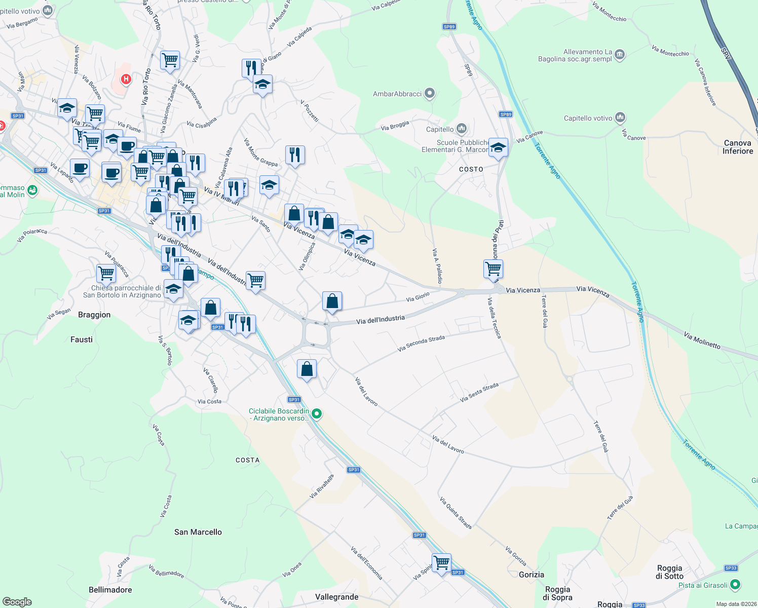 map of restaurants, bars, coffee shops, grocery stores, and more near 24 Via S. Caboto in Arzignano