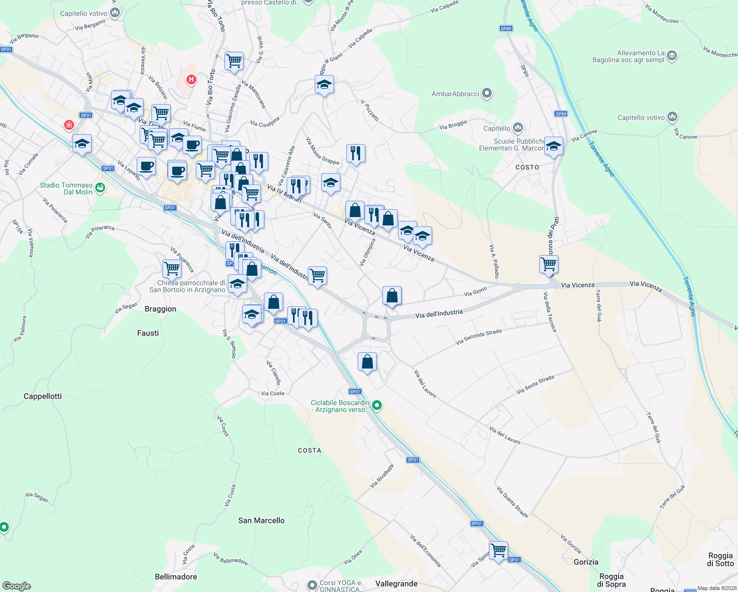 map of restaurants, bars, coffee shops, grocery stores, and more near 5 Via Umberto Nobile in Arzignano