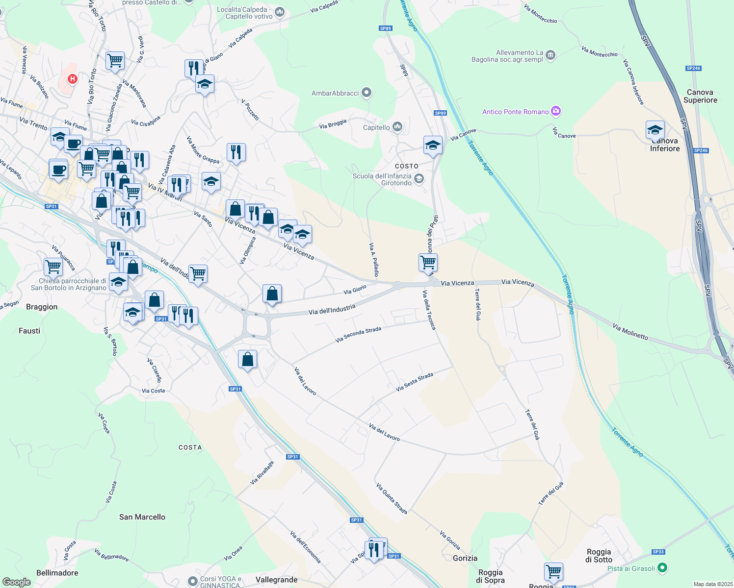 map of restaurants, bars, coffee shops, grocery stores, and more near 15 Via Giorio in Arzignano