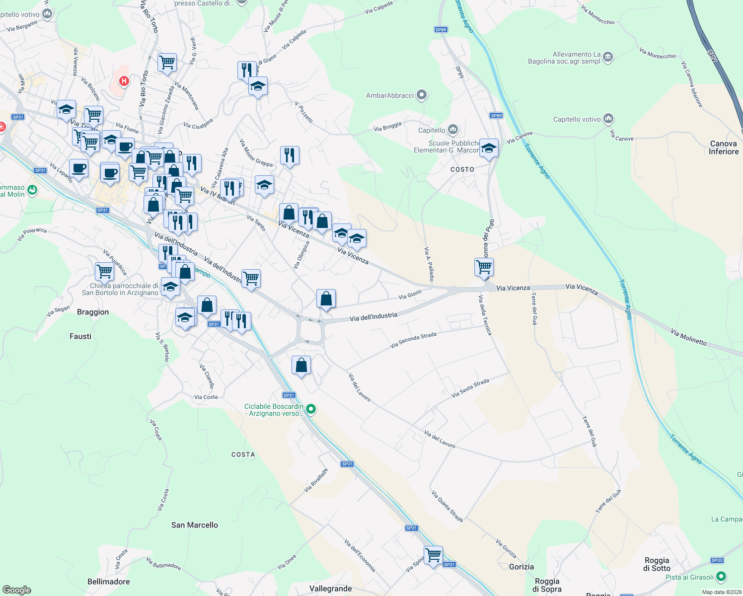 map of restaurants, bars, coffee shops, grocery stores, and more near 24 Via S. Caboto in Arzignano