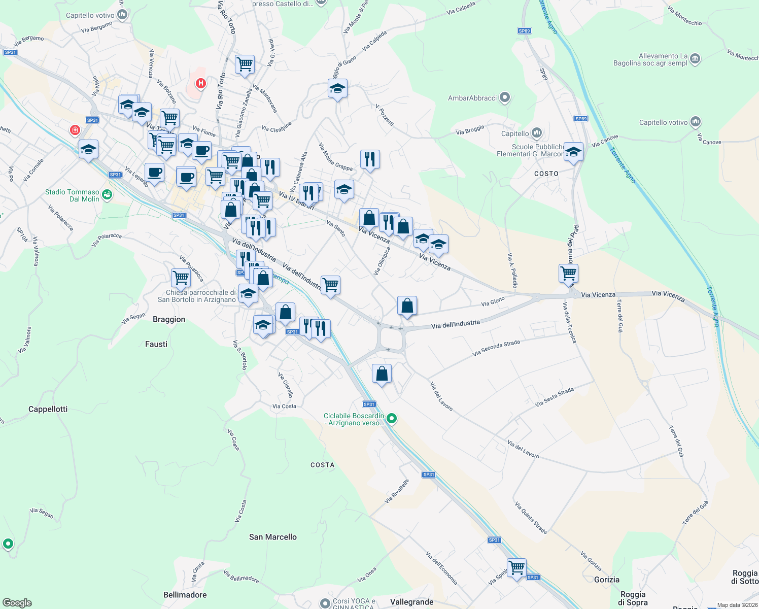 map of restaurants, bars, coffee shops, grocery stores, and more near 5 Via Umberto Nobile in Arzignano