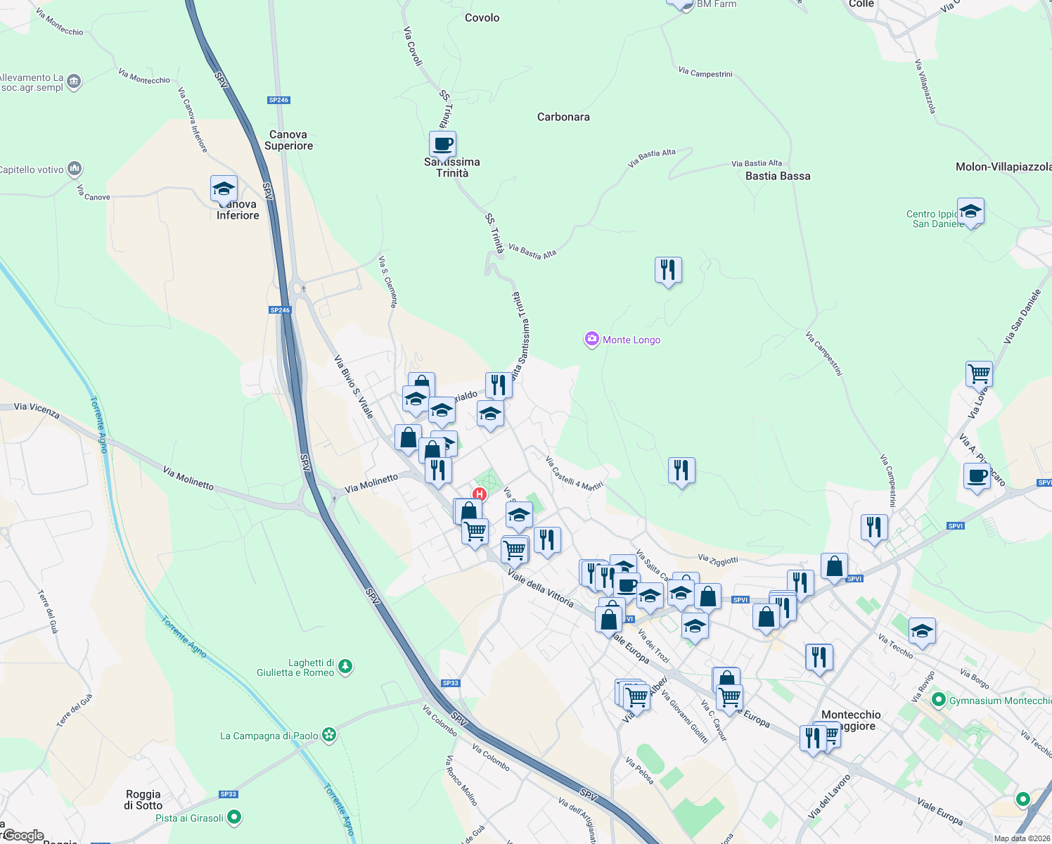 map of restaurants, bars, coffee shops, grocery stores, and more near 17 Via Fontanelle in Montecchio Maggiore-Alte Ceccato