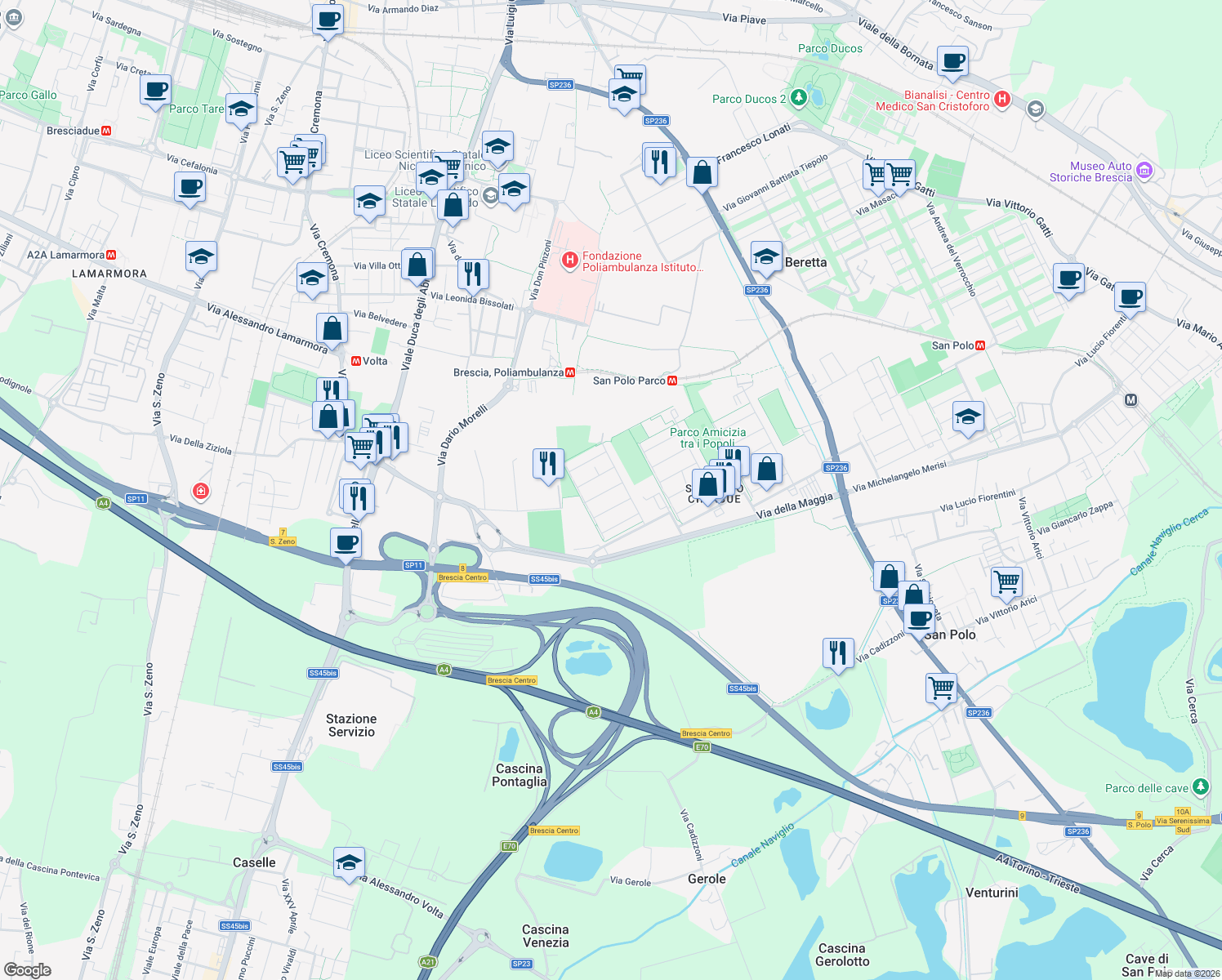 map of restaurants, bars, coffee shops, grocery stores, and more near 235 Via Tiziano in Brescia
