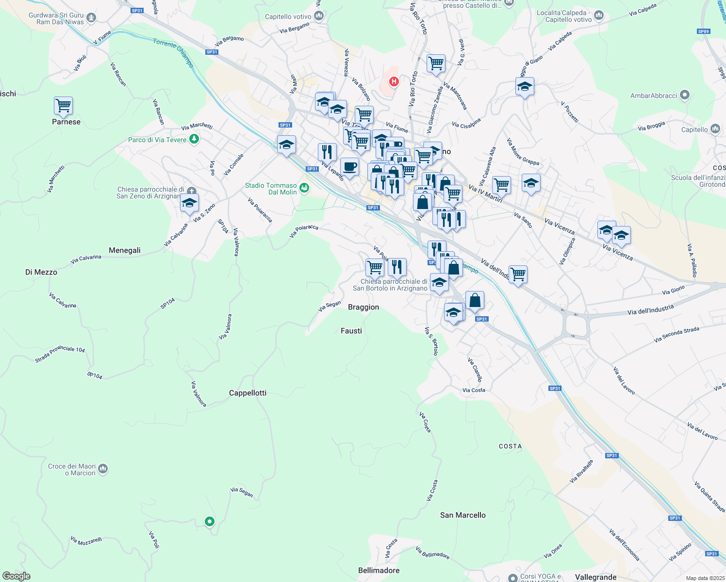 map of restaurants, bars, coffee shops, grocery stores, and more near 5 Via Prianti in Arzignano
