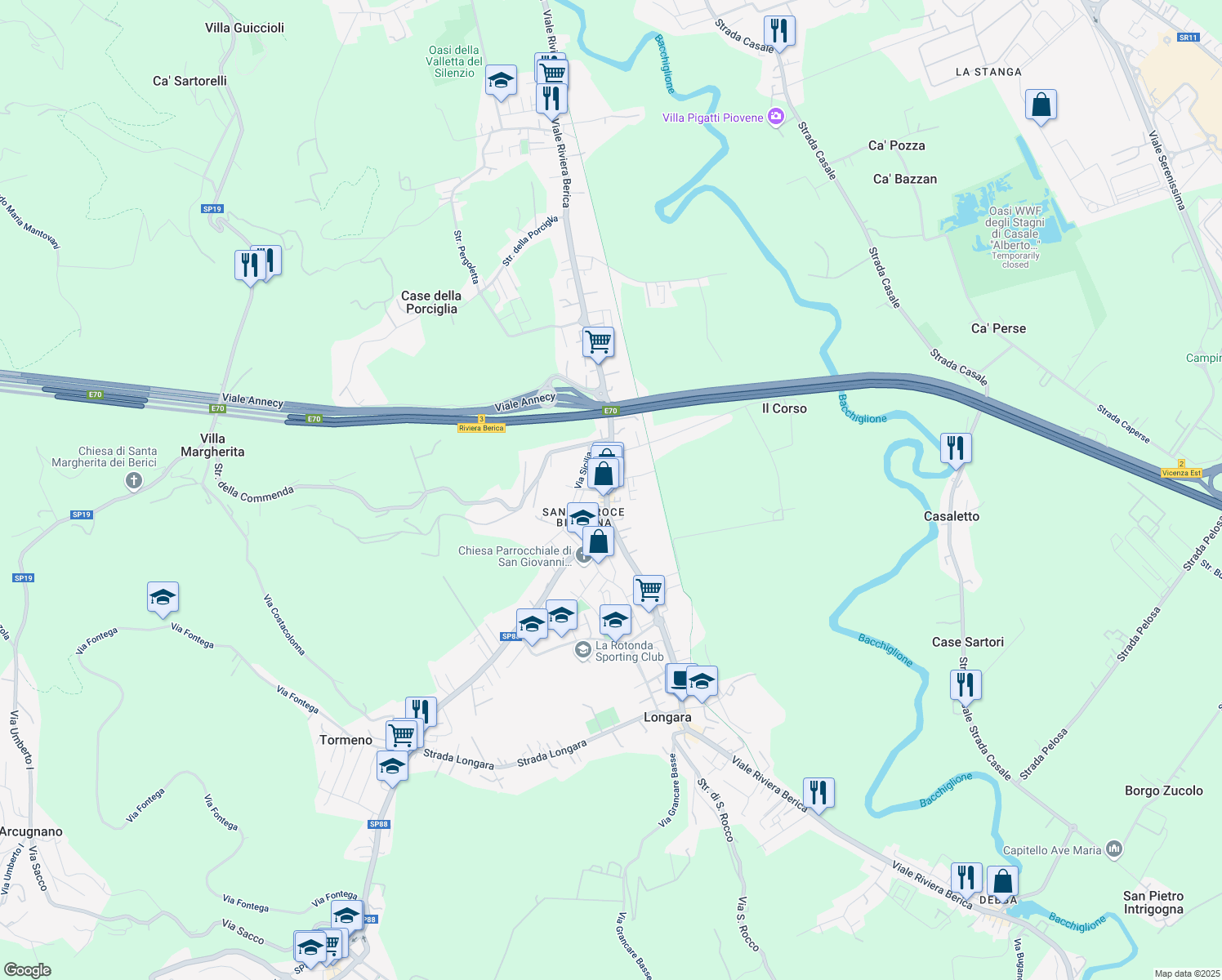 map of restaurants, bars, coffee shops, grocery stores, and more near 451 Viale Riviera Berica in Vicenza