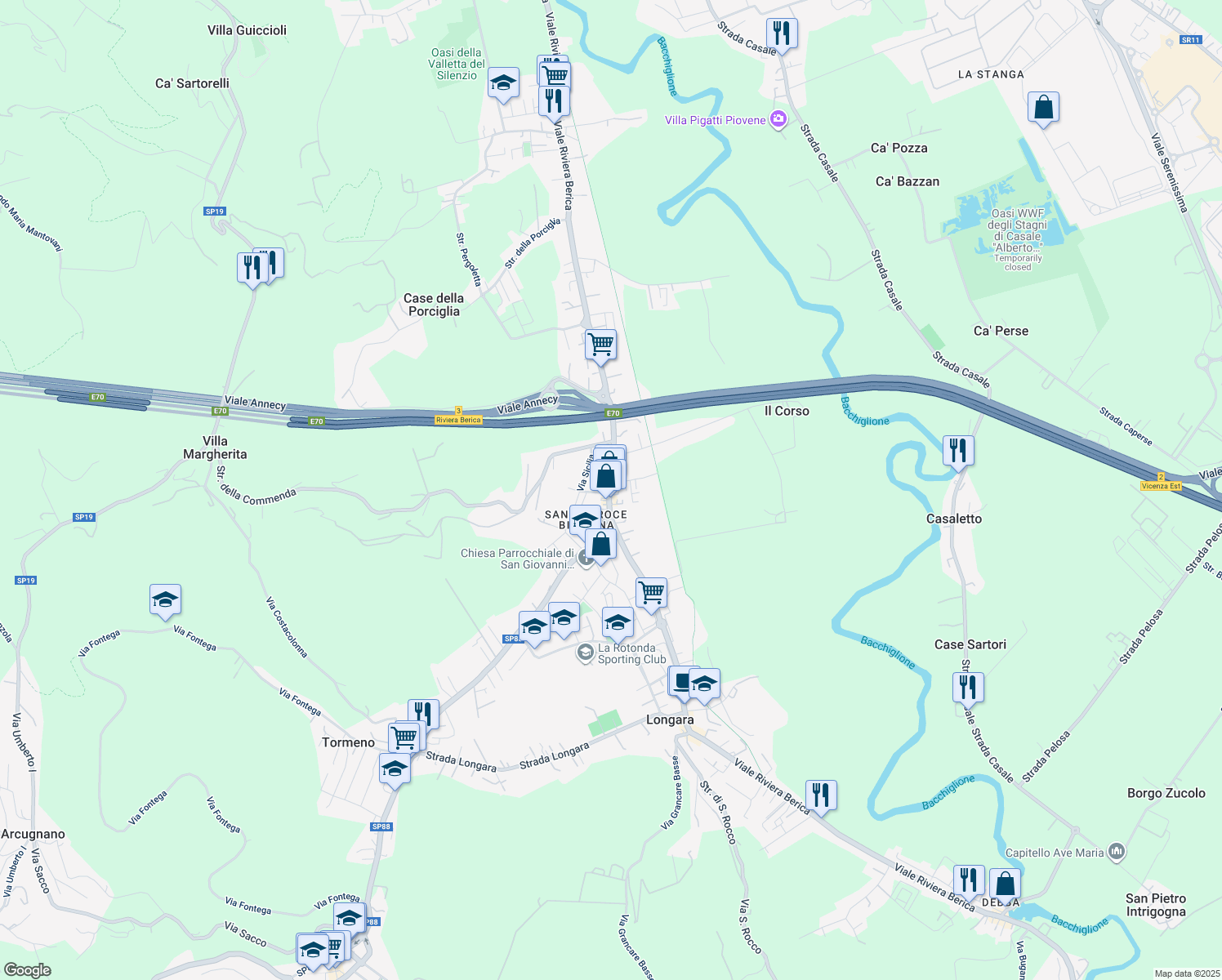 map of restaurants, bars, coffee shops, grocery stores, and more near 451 Viale Riviera Berica in Vicenza