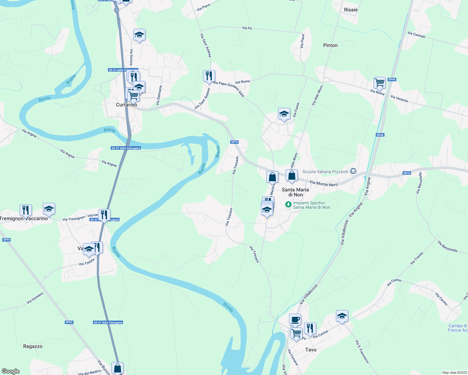 map of restaurants, bars, coffee shops, grocery stores, and more near 13 Via Tessara in Santa Maria di Non