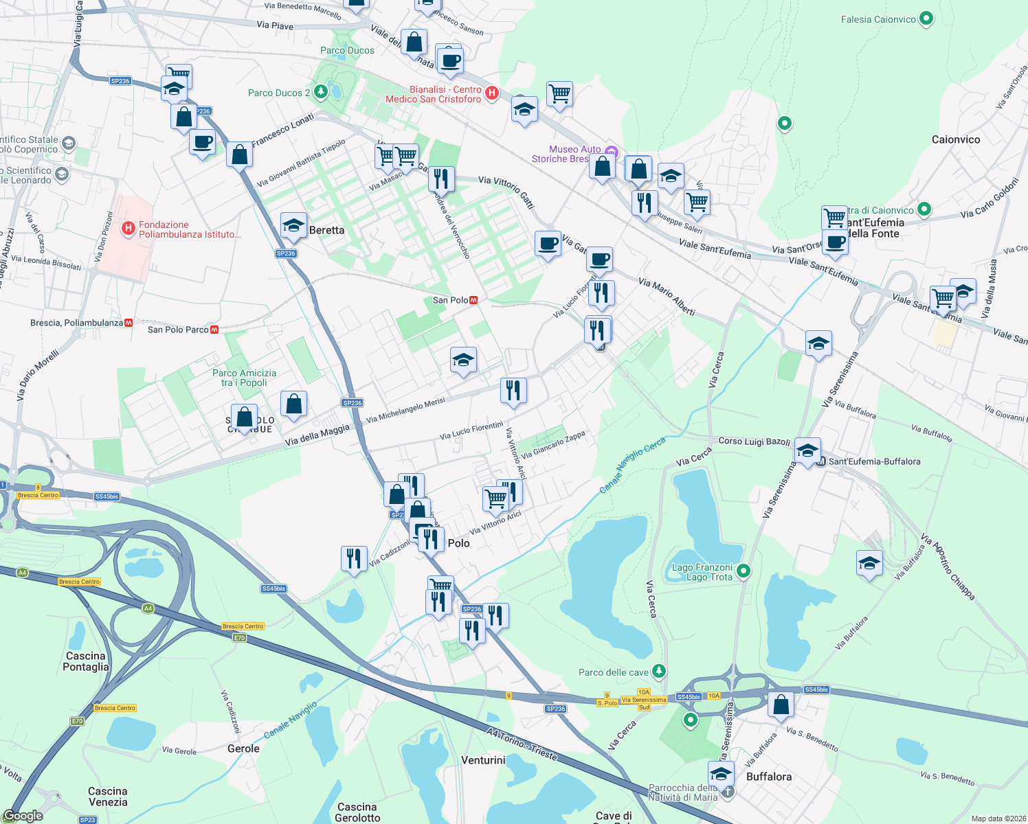 map of restaurants, bars, coffee shops, grocery stores, and more near 19 Via Lucio Fiorentini in Brescia