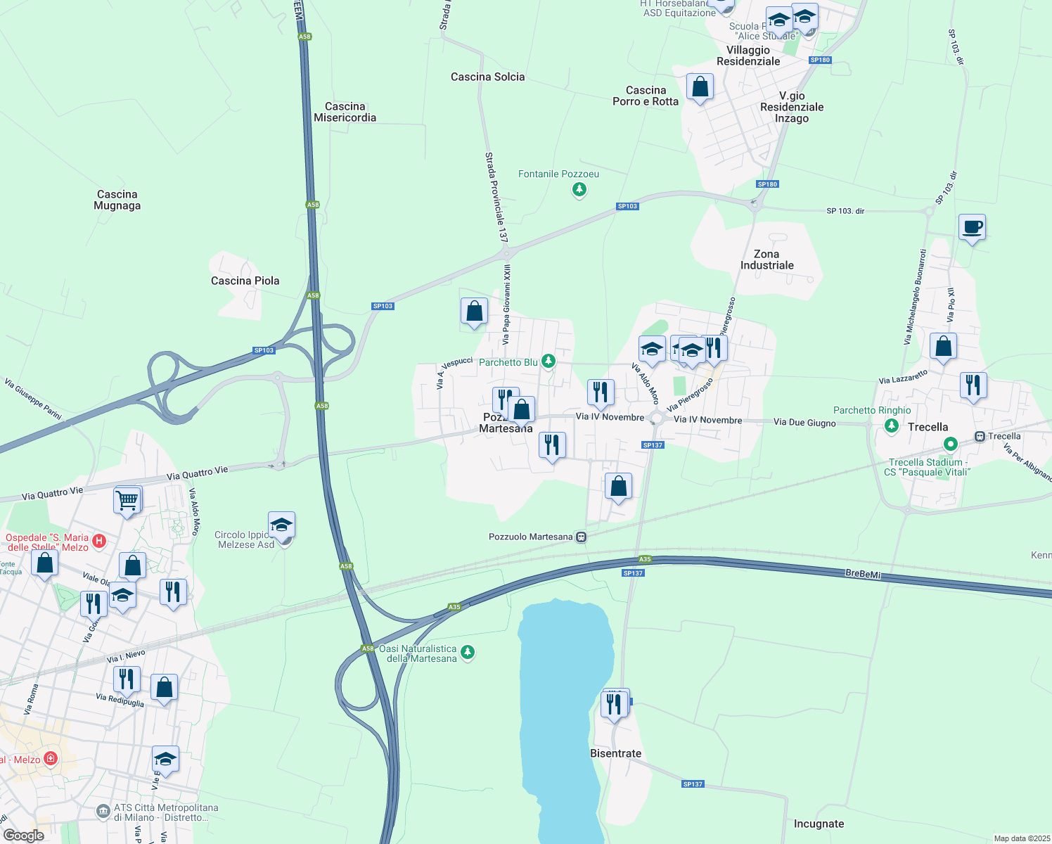 map of restaurants, bars, coffee shops, grocery stores, and more near 11 Via Martiri della Liberazione in Pozzuolo Martesana