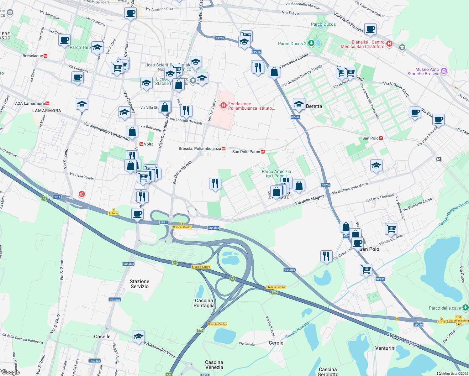 map of restaurants, bars, coffee shops, grocery stores, and more near 235 Via Tiziano in Brescia
