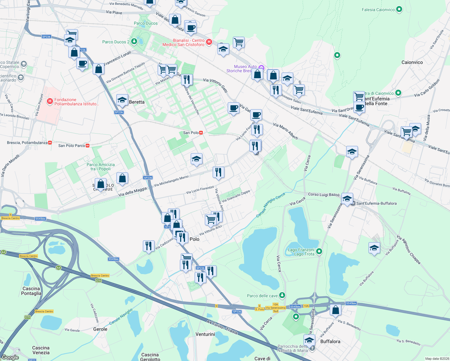 map of restaurants, bars, coffee shops, grocery stores, and more near 11-19 Via Lucio Fiorentini in Brescia