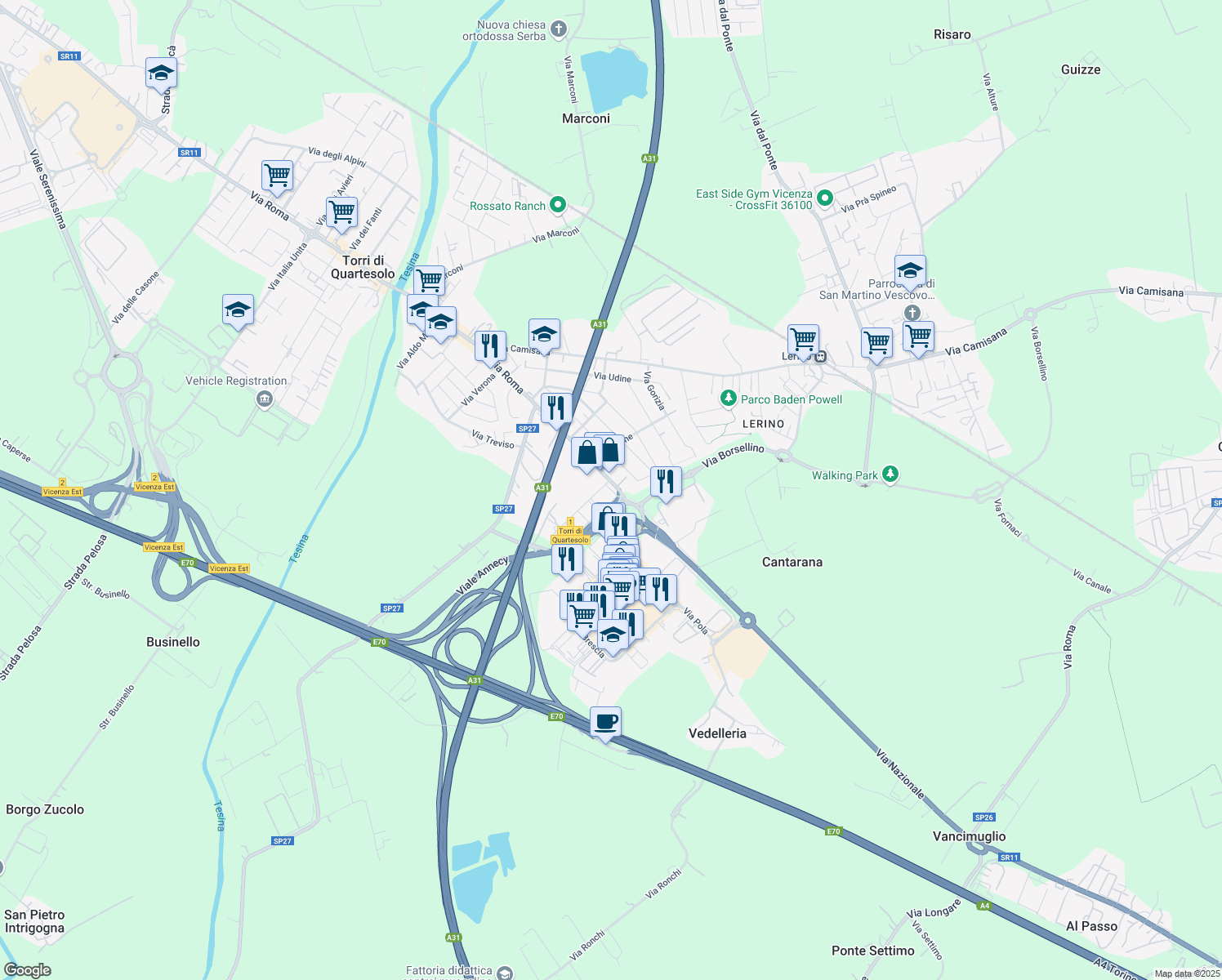 map of restaurants, bars, coffee shops, grocery stores, and more near 171 Via Roma in Torri di Quartesolo
