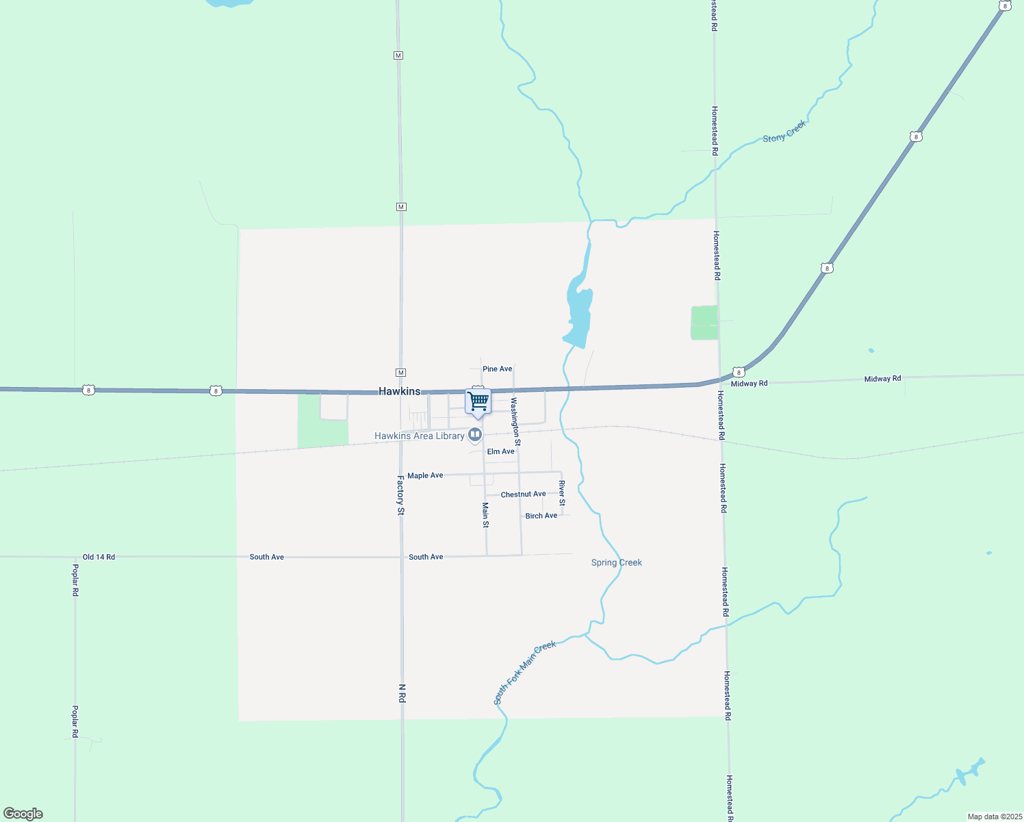 map of restaurants, bars, coffee shops, grocery stores, and more near 422 Amherst Ave in Hawkins