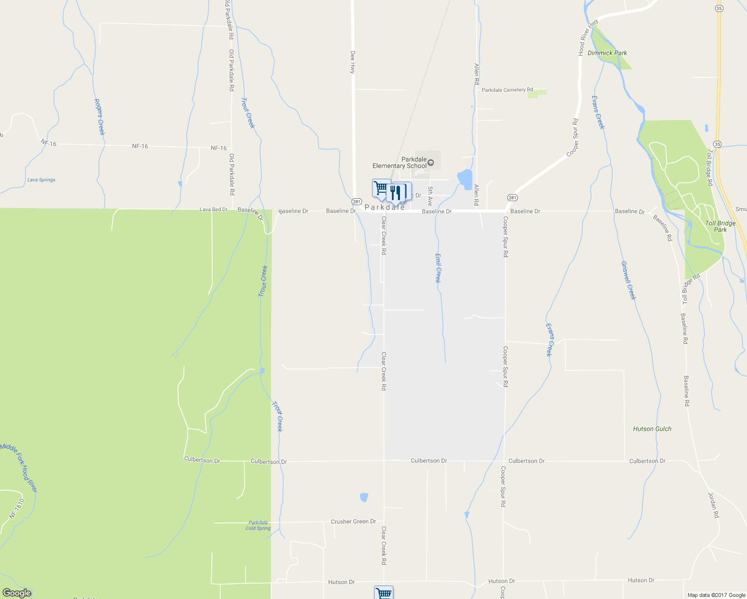 map of restaurants, bars, coffee shops, grocery stores, and more near 7468 Clear Creek Road in Mount Hood